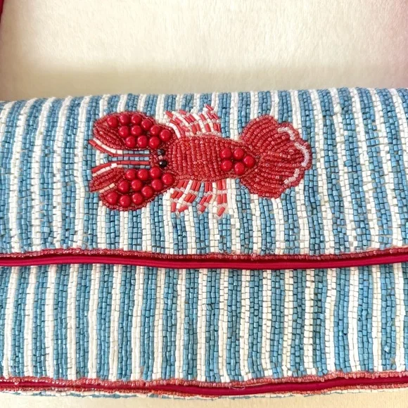 Viral Beaded Light Blue & White Striped Lobster Bag w/ Beaded Lobster Bag Charm - Picture 3 of 15